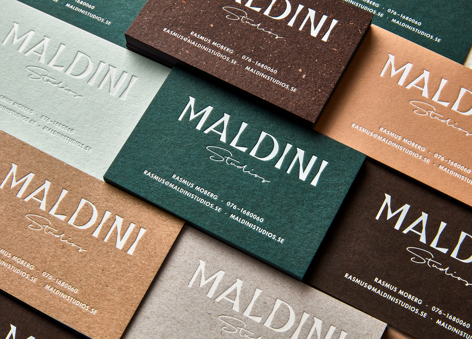 Logotype and letterpress business cards by Jens Nilsson for interior design and carpentry business Maldini Studios