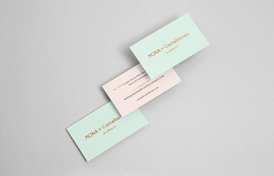 Copper foiled and blind embossed business card for Mona De Castellarnau designed by Anagrama