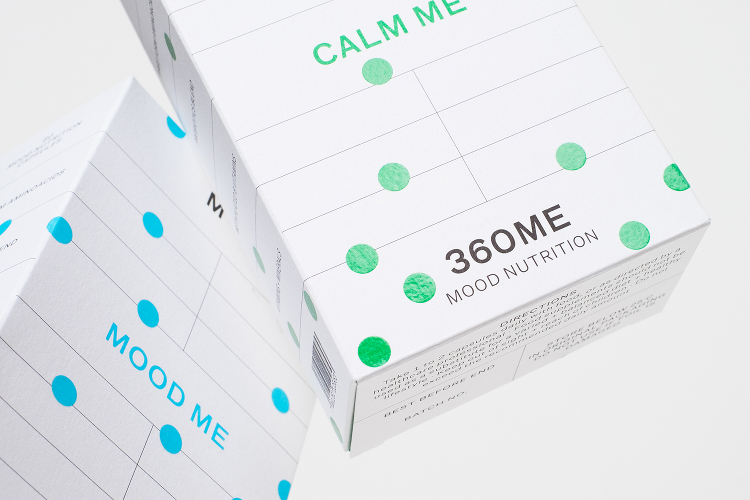 Packaging design by Studio Makgill for supplement company Montgomery+Evelyn's new range 360ME
