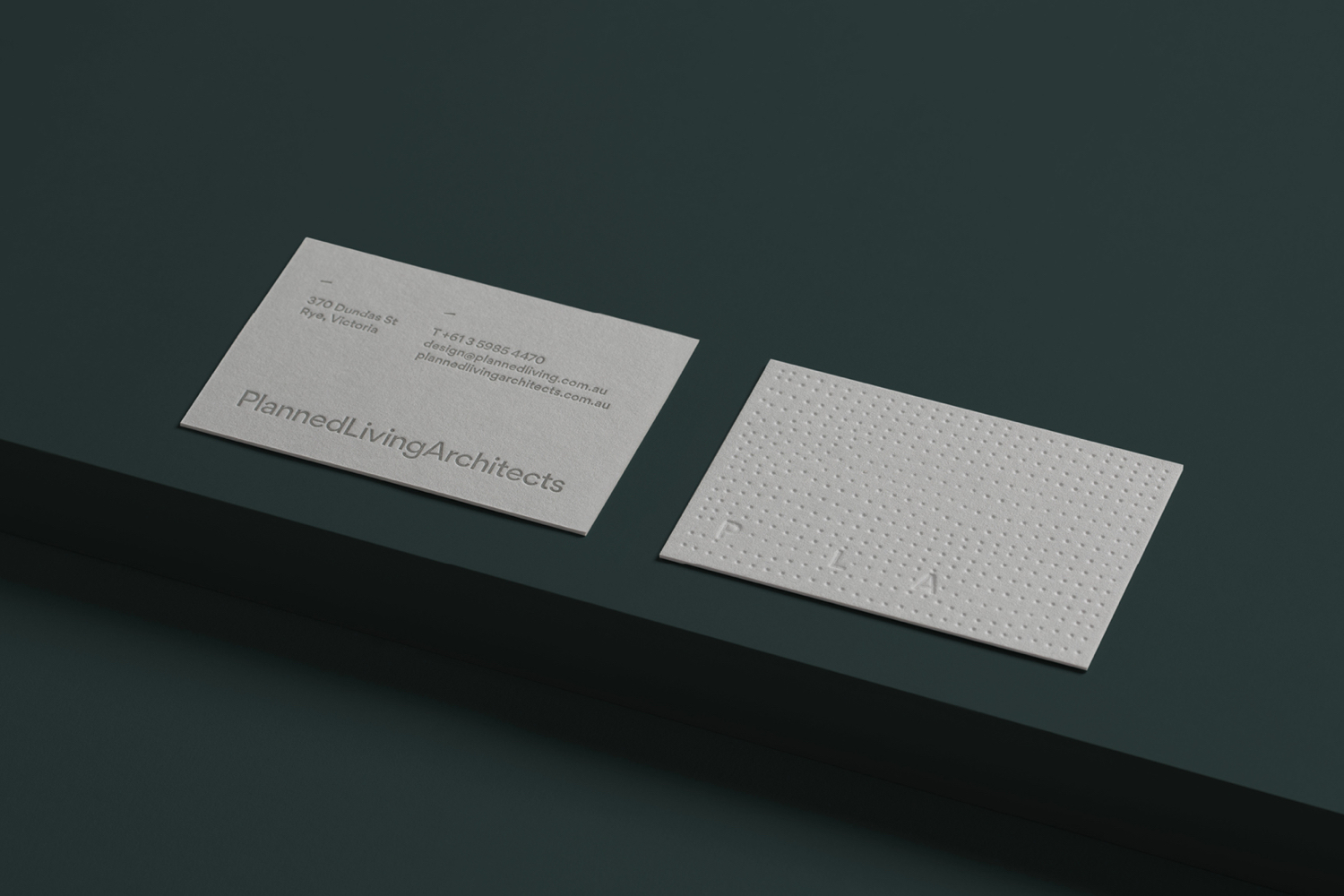 New logotype, folder, embossed business cards and illustration by A Friend Of Mine for Planned Living Architects.