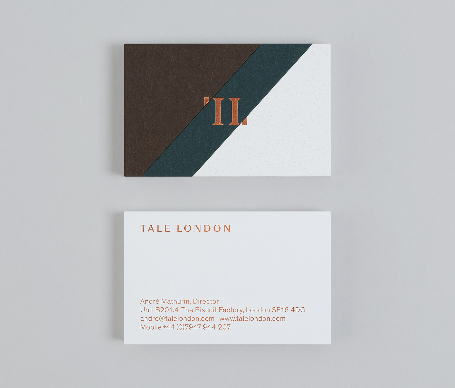 Copper foil embossed paper marquetry business cards by Two Times Elliott for architecture and interior design visualisation studio Tale London