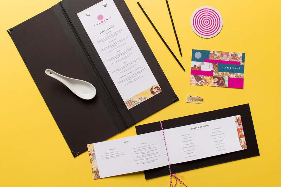 Menus, coasters and gift certificates for Dallas based ramen restaurant Tanoshii designed by Mast