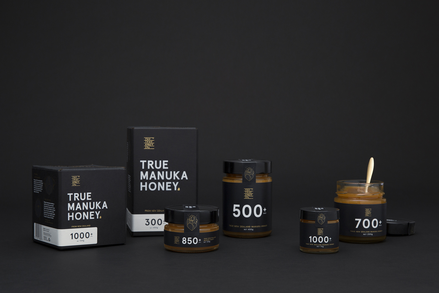 Logo, packaging and print by Marx Design for The True Honey Company, a New Zealand-based business specialising in mānuka honey