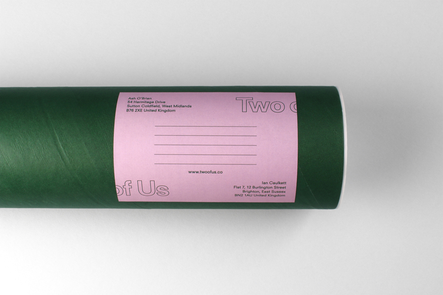 Postal tube and sticker for British brand identity design studio Two of Us