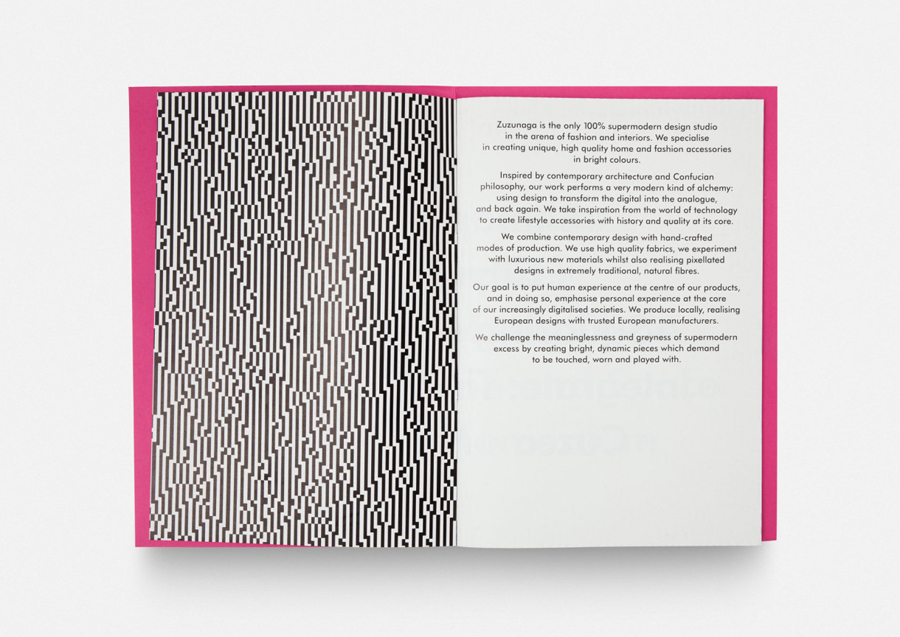 Brochure with pink paper detail for fashion accessory and homeware brand Zuzunaga designed by Folch