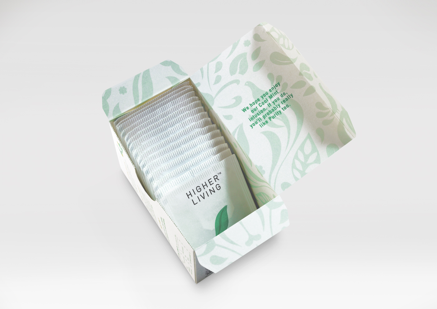 Packaging with illustrative detail designed by B&B Studio for UK herbal tea company brand Higher Living