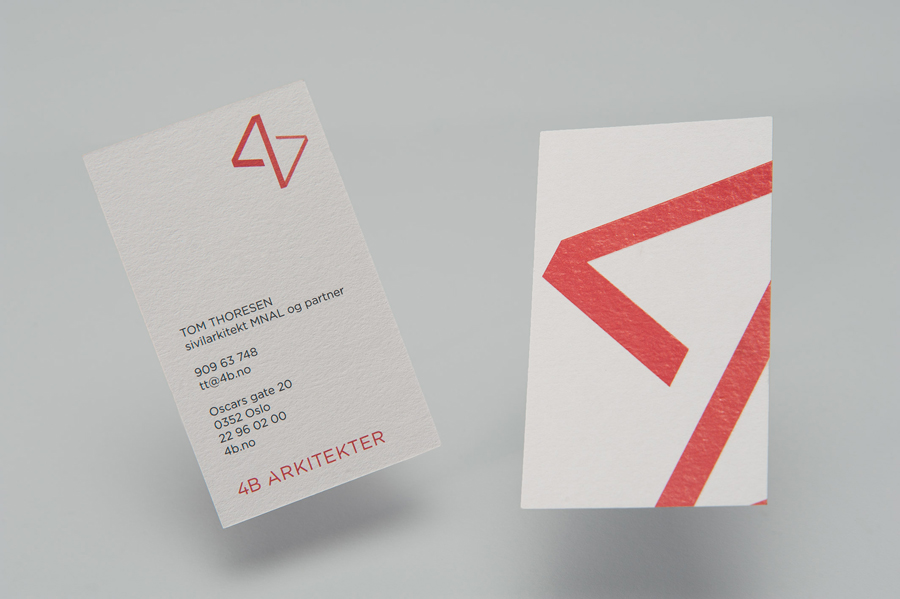 Red block foiled business cards for 4B Arkitekter by Norwegian graphic design studio Commando Group