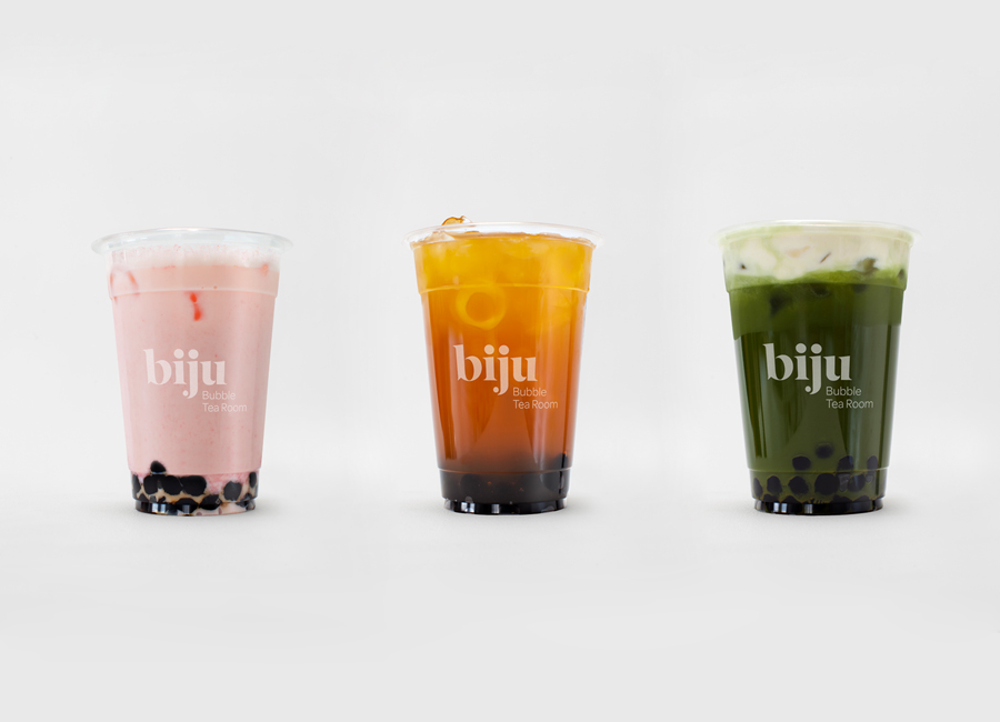Logotype and packaging designed by ico for British bubble tea brand Biju