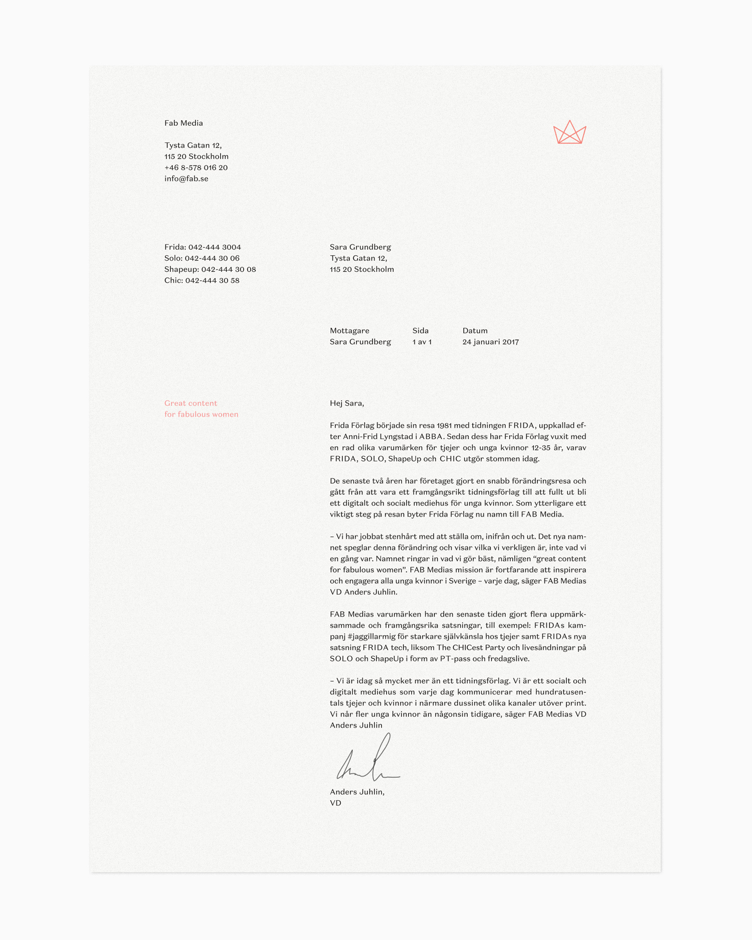 Brand identity and headed paper by Stockholm-based Bedow for Swedish media company Fab Media
