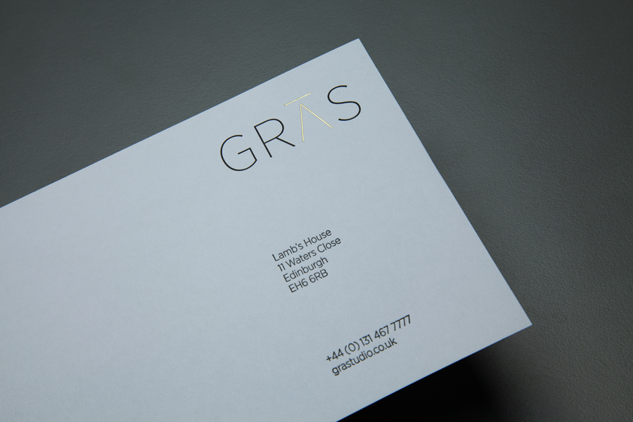 Gold foil embossed compliment slip designed by Graphical House for Edinburgh based experimental architectural practice Gras