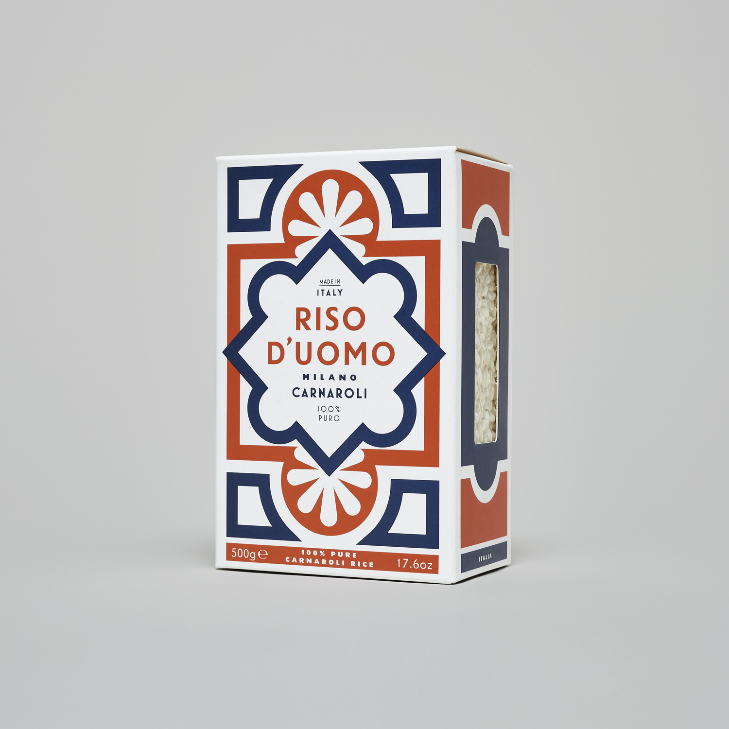 Branding and packaging by London-based Here Design for Milanese artisan rice brand Riso D'uomo