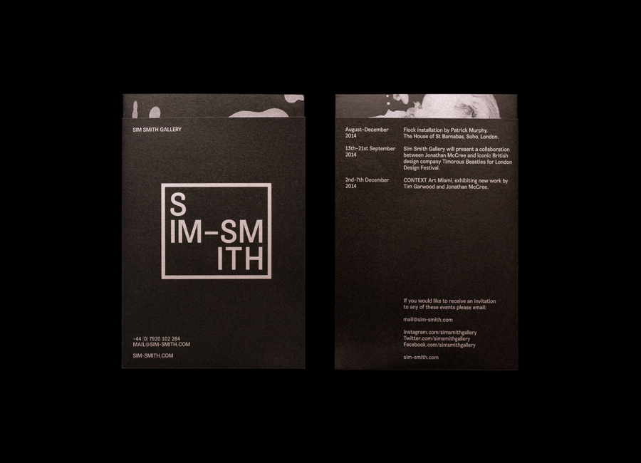 Logo and mailer with black board and white ink detail designed by Spin for British contemporary art gallery Sim Smith