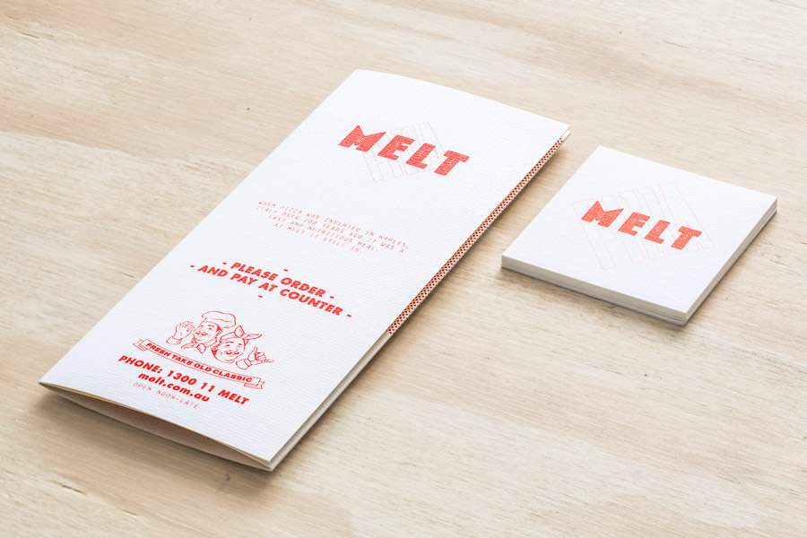Logo, stationery, menu design and interior detail by Can I Play for Australian pizza franchise Melt