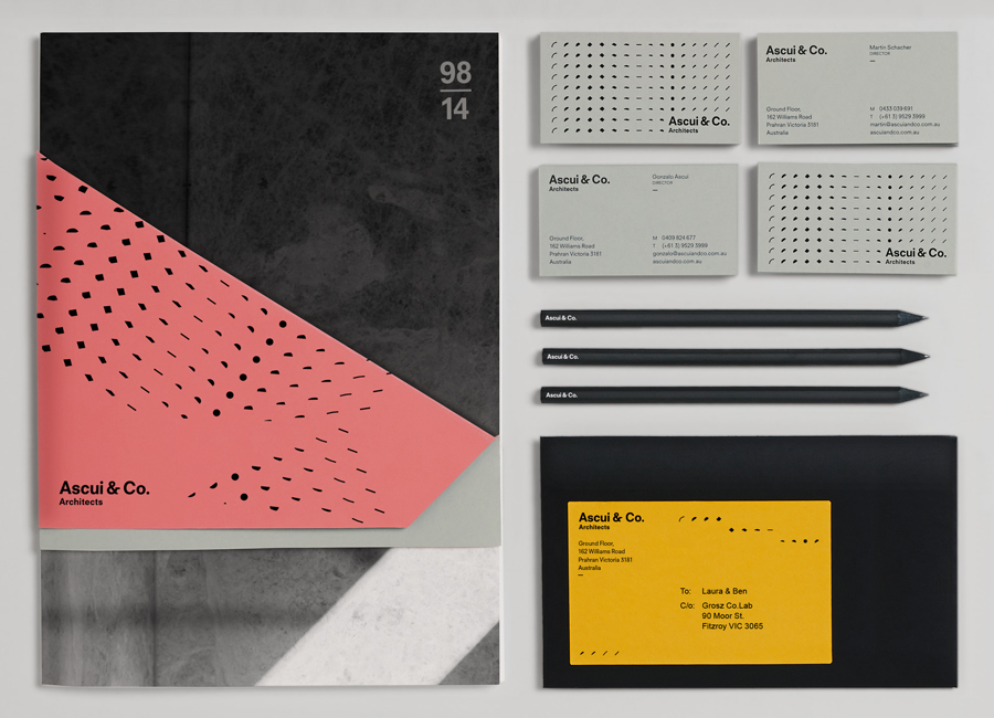 Stationery with block foil, die cut and folded detail by Grosz Co. Lab for architectural practice Ascui & Co.