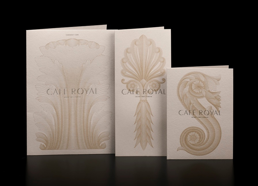 Print with coloured paper and gold foil detail for Cafe Royal designed by Pentagram