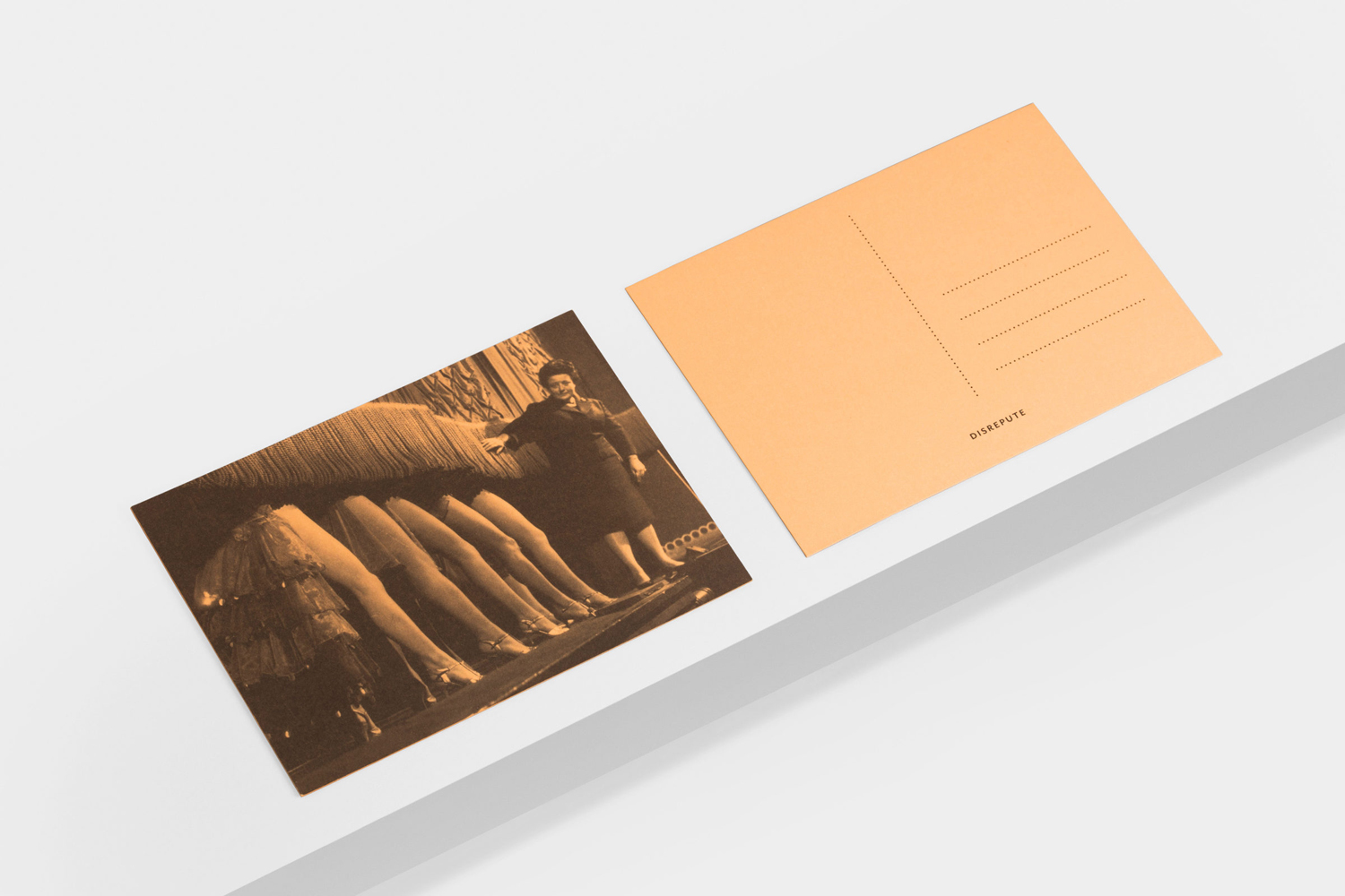 Brand identity and postcard featuring Arjowiggins Pop’set Apricot designed by London-based studio Two Times Elliott for Soho members bar Disrepute