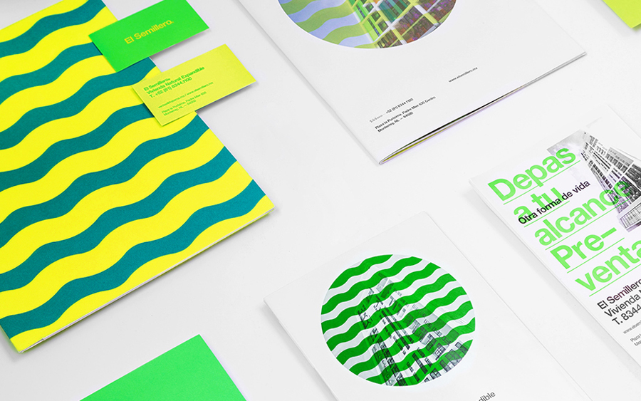 Print and stationery with fluorescent spot colour detail by Anagrama for residential property development El Semillero