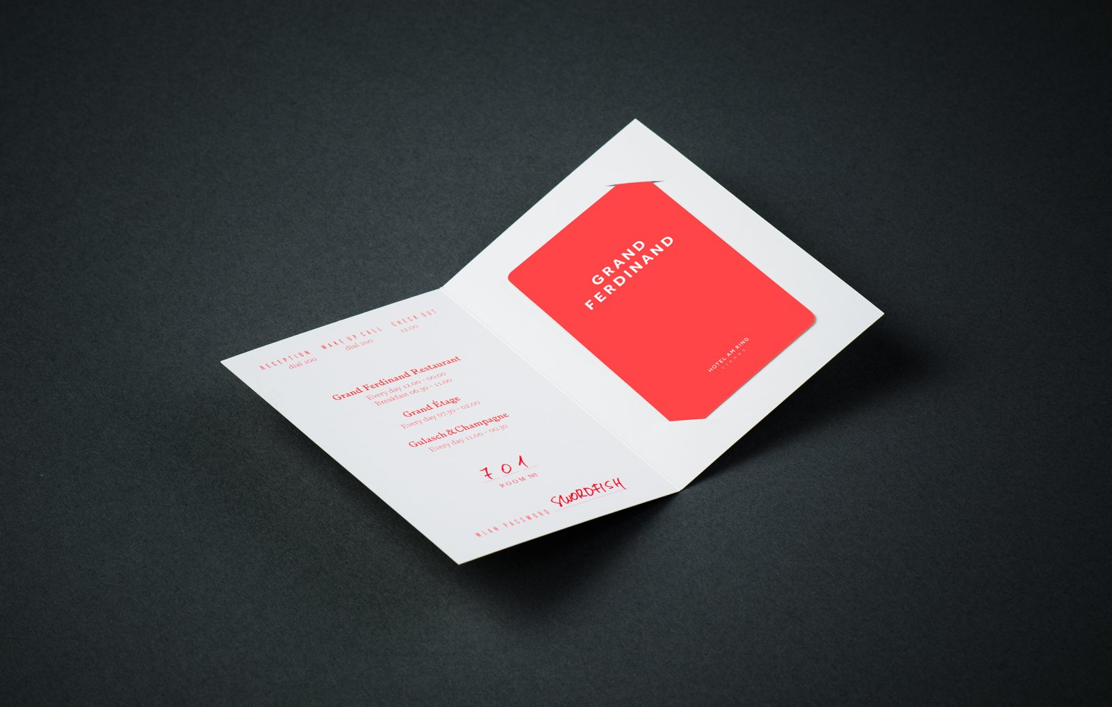 Brand identity and keycard sleeve for Vienna's Grand Ferdinand hotel by Austrian graphic design studio Moodley