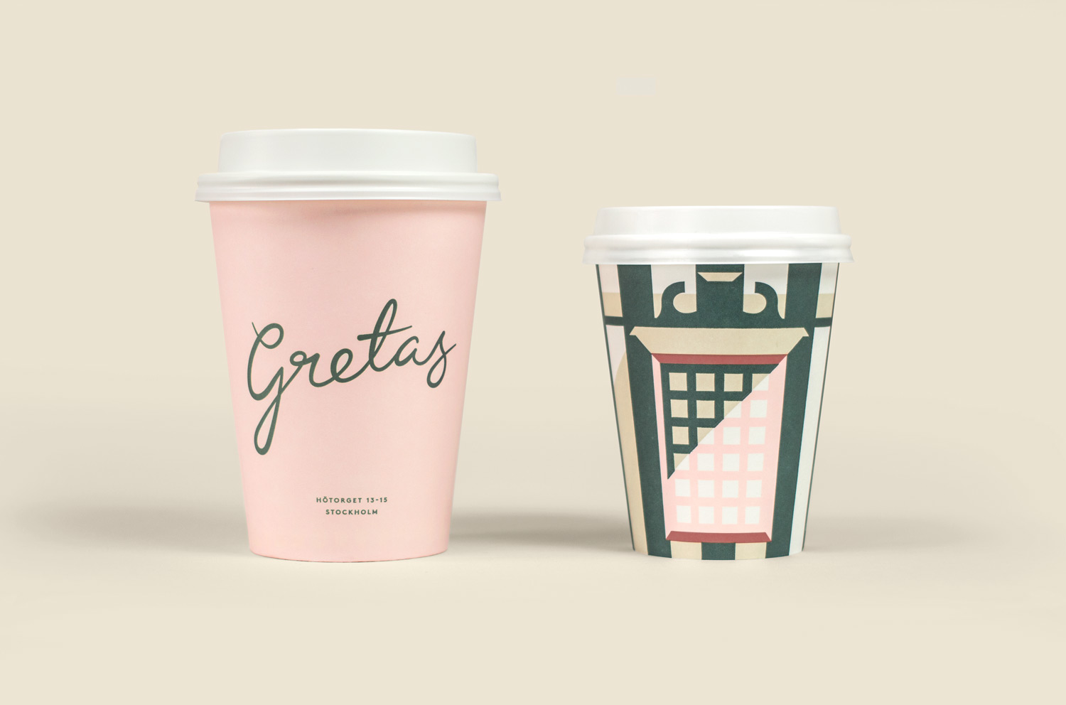 Branded coffee cups for Stockholm-based cafe Gretas at Haymarket designed by 25AH, Sweden