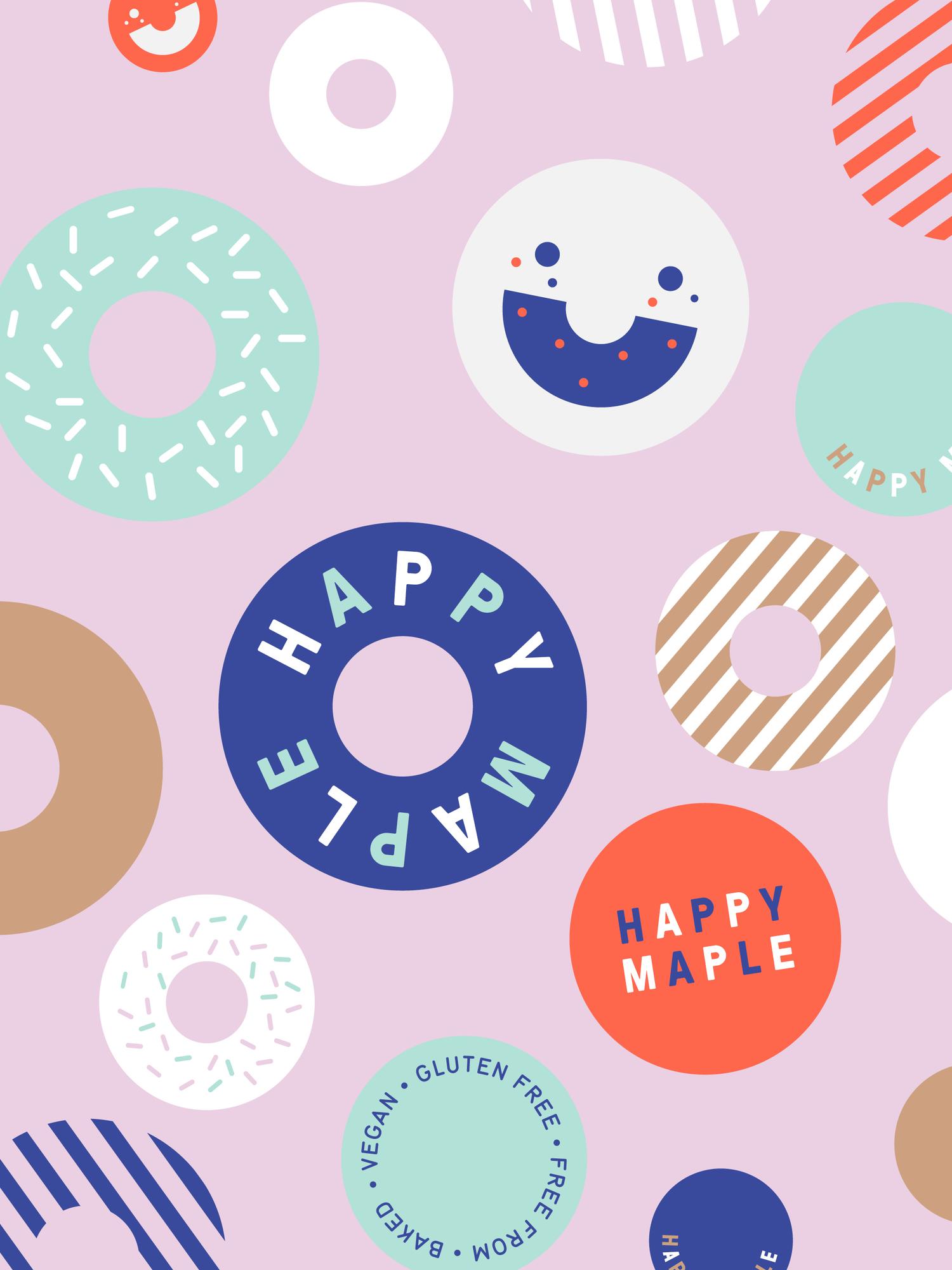 Brand identity, logo and illustration by Sydney-based graphic design studio Garbett for donut bakery Happy Maple. 