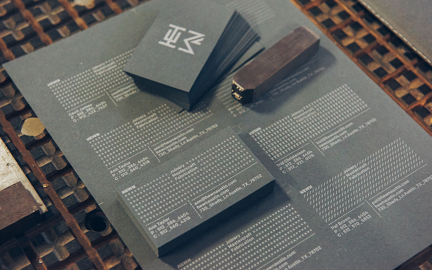 Brand identity and business cards for woodworking shop Hewn designed by Föda, United States