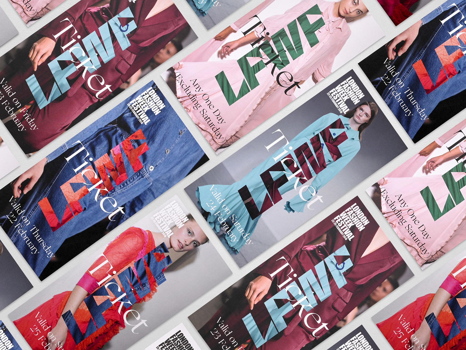 Graphic identity and tickets for London Fashion Week Festival by Pentagram