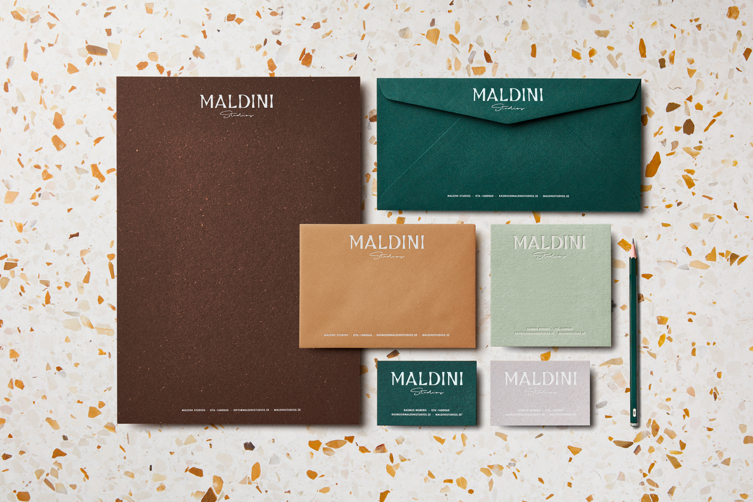 Logotype and letterpress stationery by Jens Nilsson for interior design and carpentry business Maldini Studios