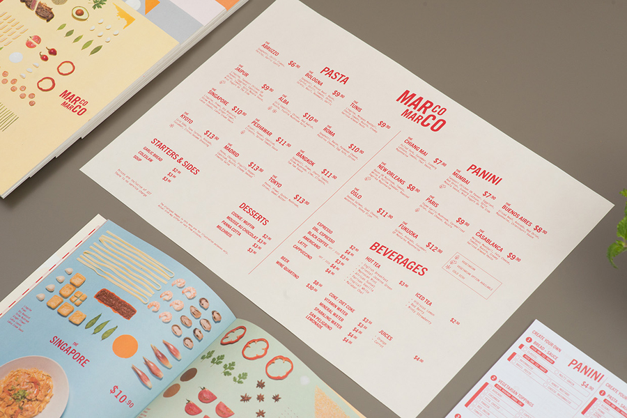 Visual identity and menus by Acre for Singapore based Italian restaurant brand Marco Marco