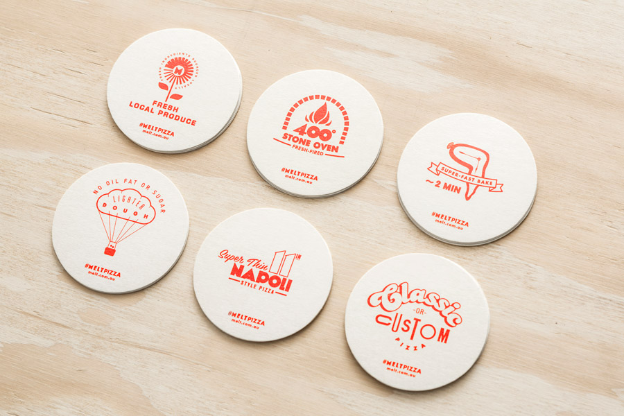 Coasters by Can I Play for Australian pizza franchise Melt.