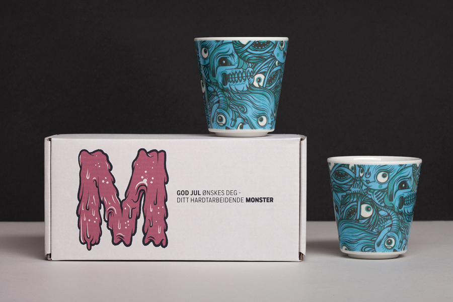 Mugs illustrated by Drew Millward designed by The Metric System for Norwegian production company Monster