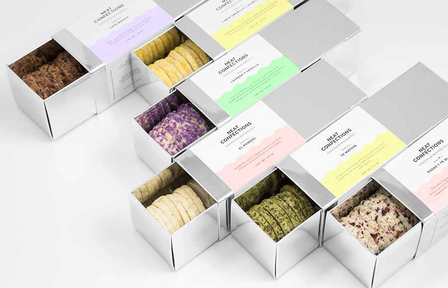 Mirrored card packaging designed by Anagrama for Mexican brand Neat Confections