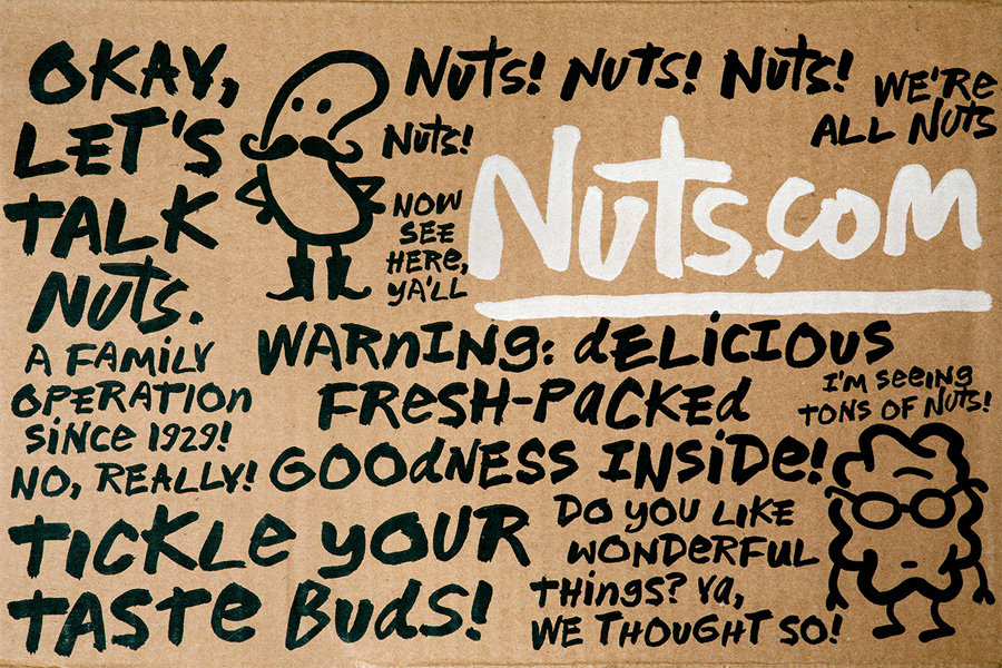 New packaging with illustrated character detail and custom typography designed by Pentagram for nut, snack, tea and coffee brand Nuts.com
