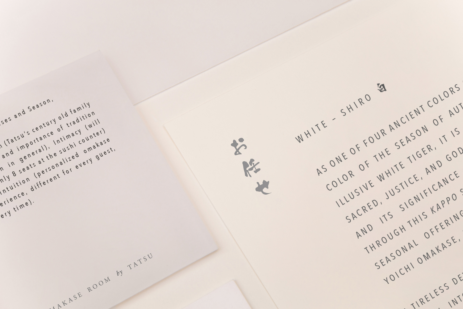 Visual identity and design for print by Savvy for New York restaurant Omakase Room by Tatsu