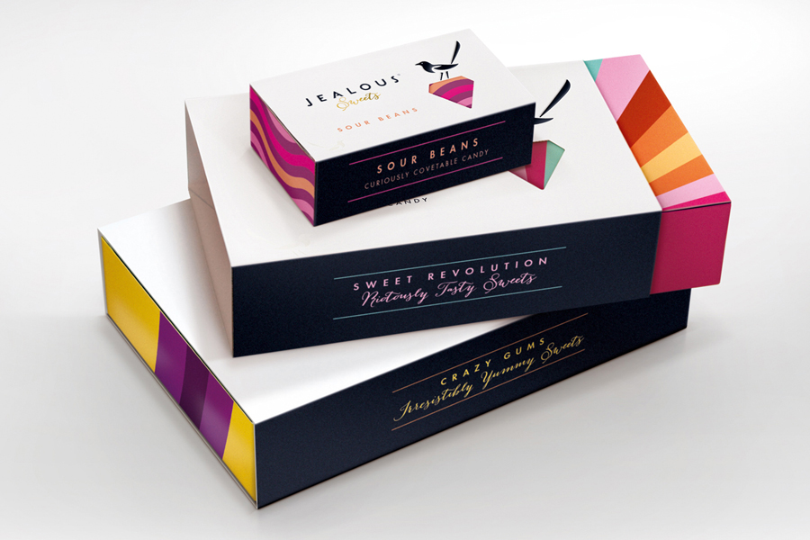 Packaging with die cut sleeve detail designed by B&B Studio for premium confectionery brand Jealous Sweets