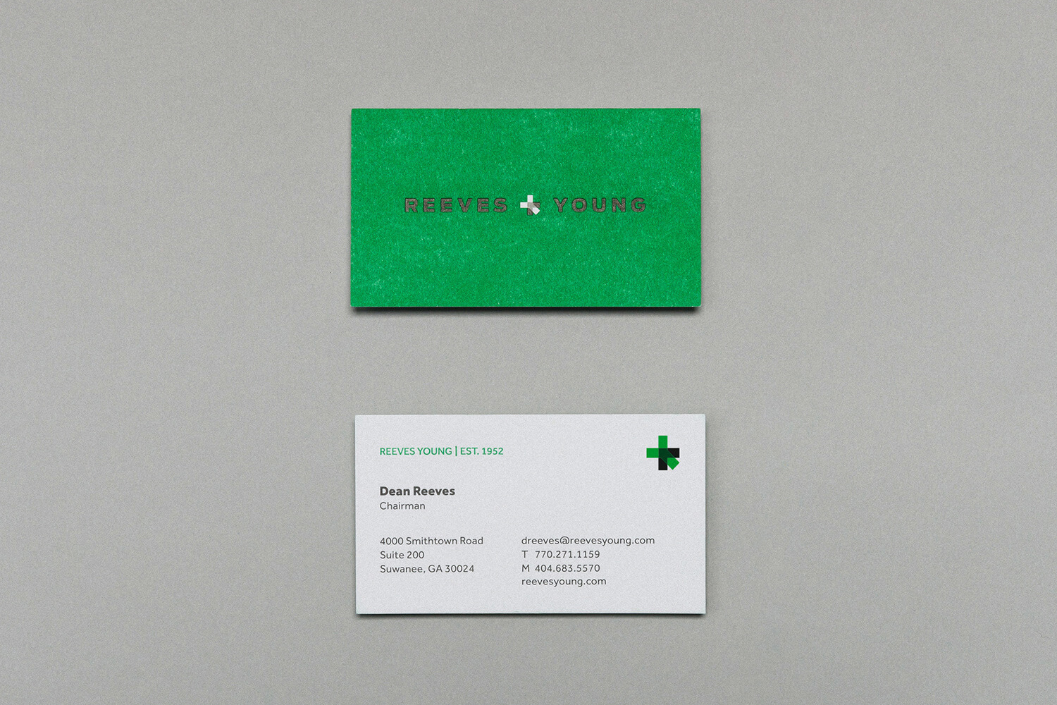 Brand identity and business cards for Reeves & Young by graphic design studio Matchstic
