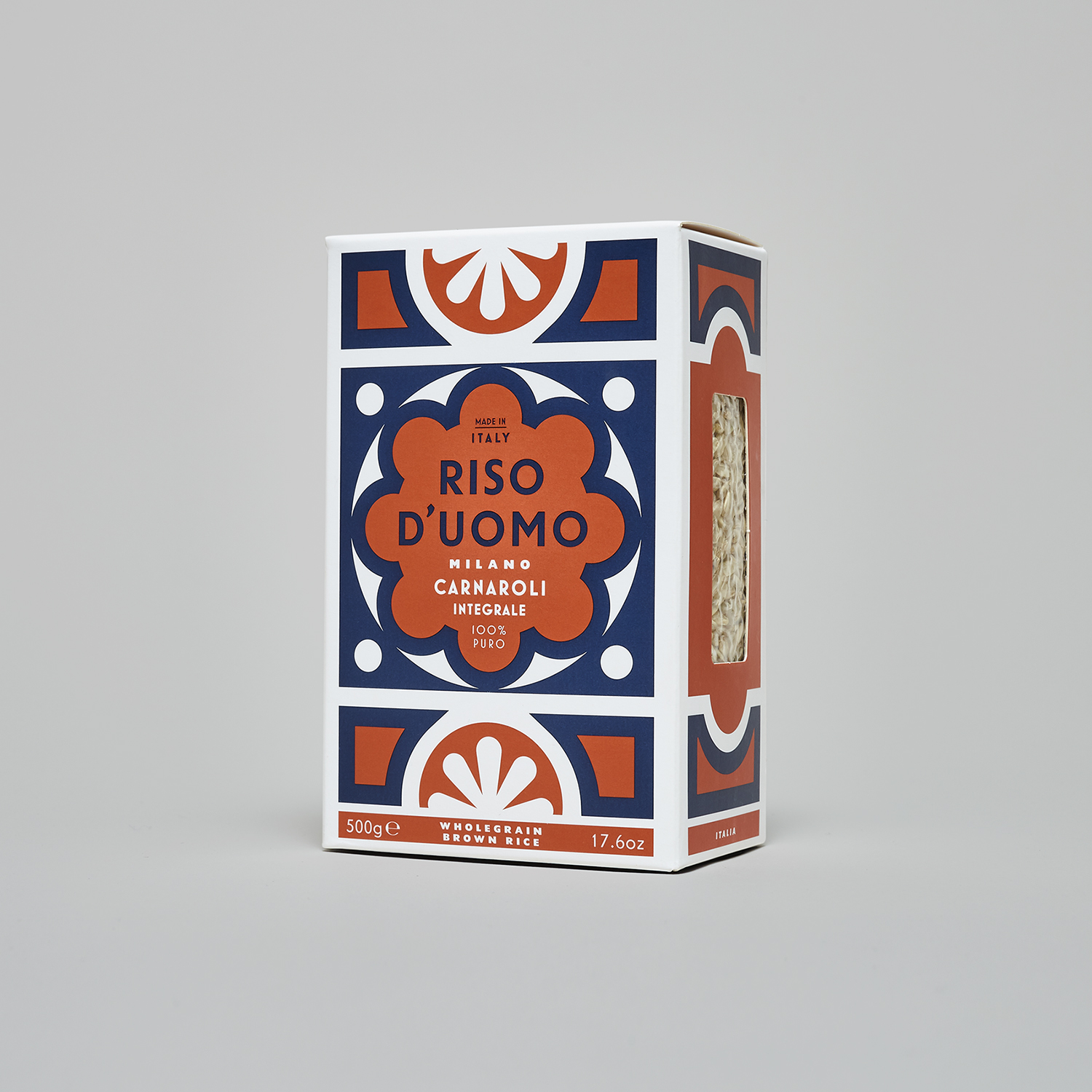 Branding and packaging by London-based Here Design for Milanese artisan rice brand Riso D'uomo