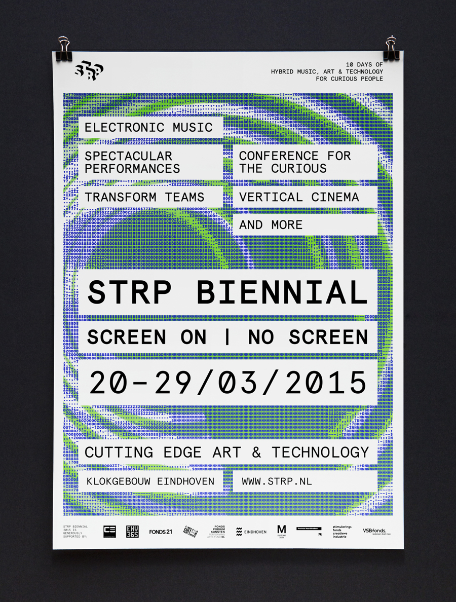 Visual identity, posters, print and signage by Raw Color for Dutch art, technology and experimental pop culture festival STRP 2015.