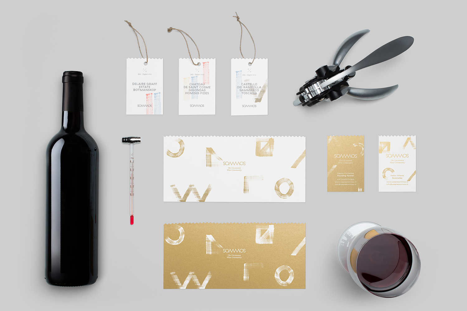 Branding and stationery with gold ink detail by Mucho for Dutch online wine subscription service Sommos