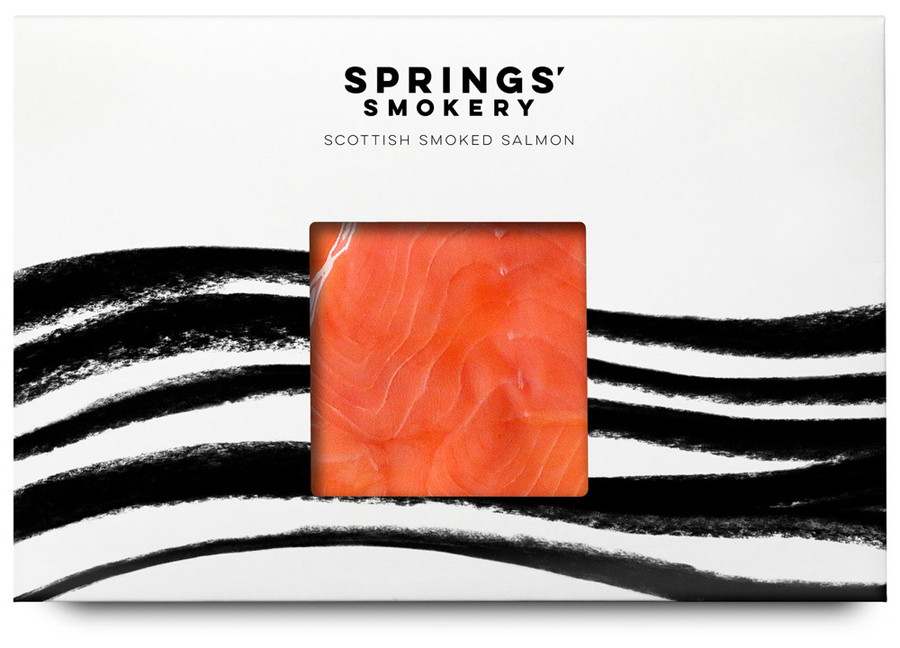 Package design for premium smoked salmon producer Springs' Smokery by graphic design studio Distil