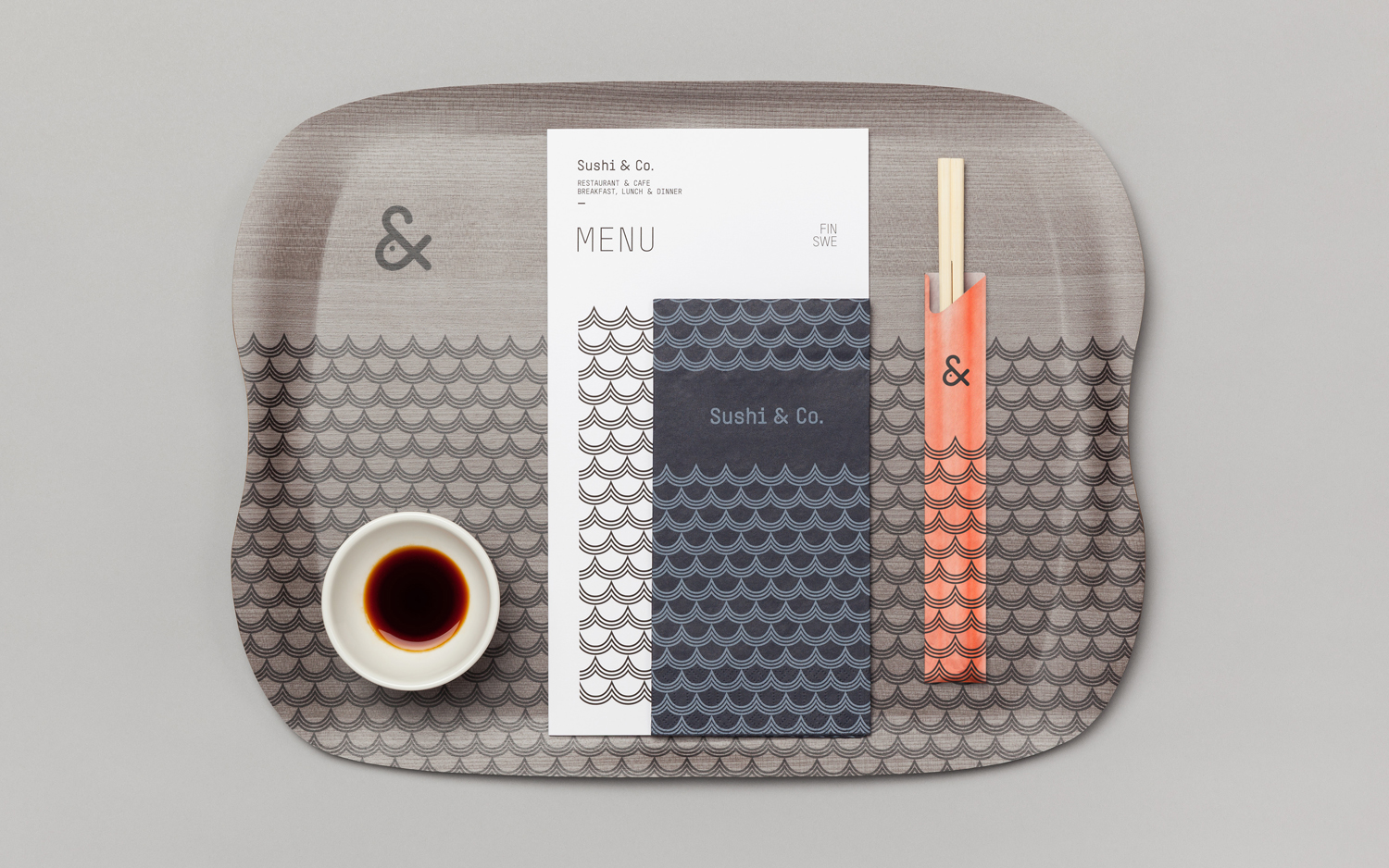 Visual identity, menus and napkin for Baltic Sea cruise ship restaurant Sushi & Co. designed by Bond