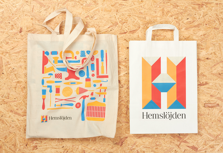 Visual identity, tote and paper shopping bags for Hemslöjden, The Swedish Handicraft Societies' Association designed by Snask