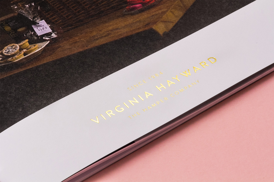 Gold foiled brochure designed by Salad for British hamper business Virginia Hayward