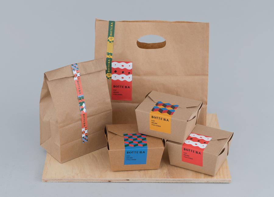 Takeaway packaging for Singapore based Italian restaurant Bottura by graphic design studio Foreign Policy