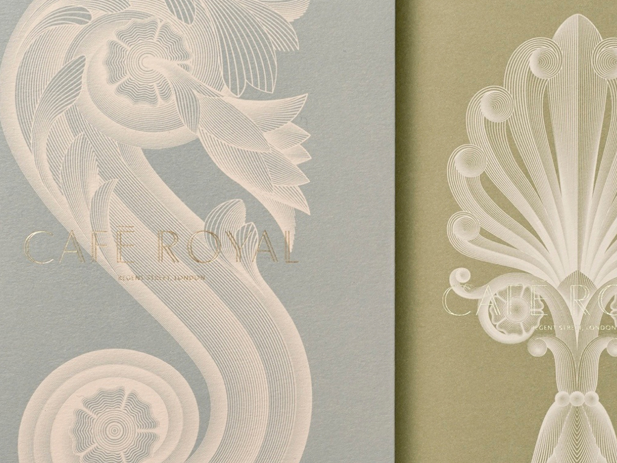 Print with coloured paper and gold foil detail for Cafe Royal designed by Pentagram