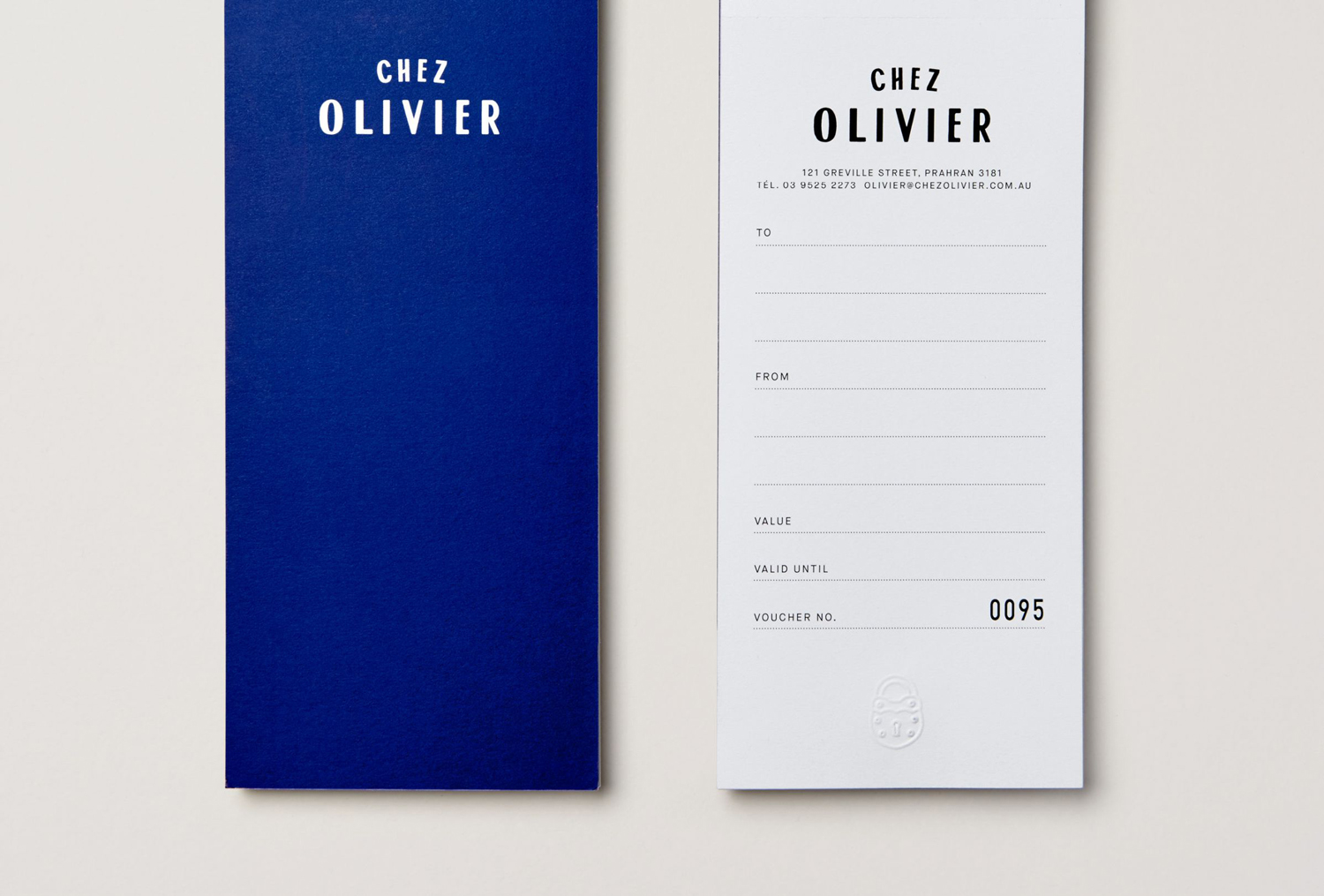 Logo, menus and business cards designed by Swear Words for Melbourne-based French bistro Chez Olivier.