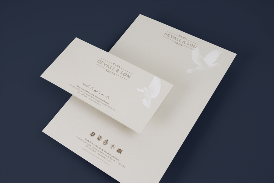 Logotype, business cards with copper foil and edge painted detail and website by Parent for funeral director Devall & Son