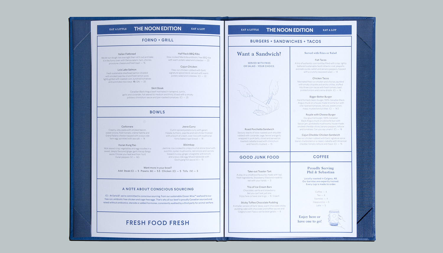 Menu spread designed by Glasfurd & Walker for US and Canadian restaurant chain prototype Earls.67