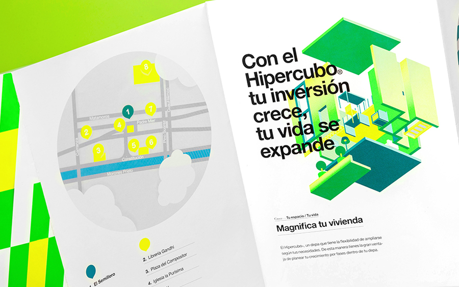 Print with fluorescent spot colour and illustrative detail by Anagrama for residential property development El Semillero