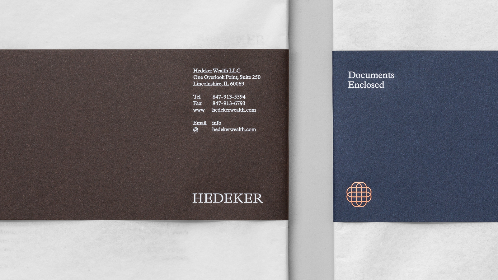 Logo and print with white block foil detail for Illinois based Hedeker Wealth & Law by Socio Design