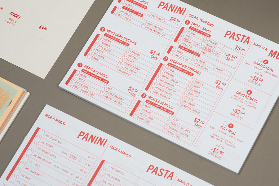 Visual identity and menus by Acre for Singapore based Italian restaurant brand Marco Marco